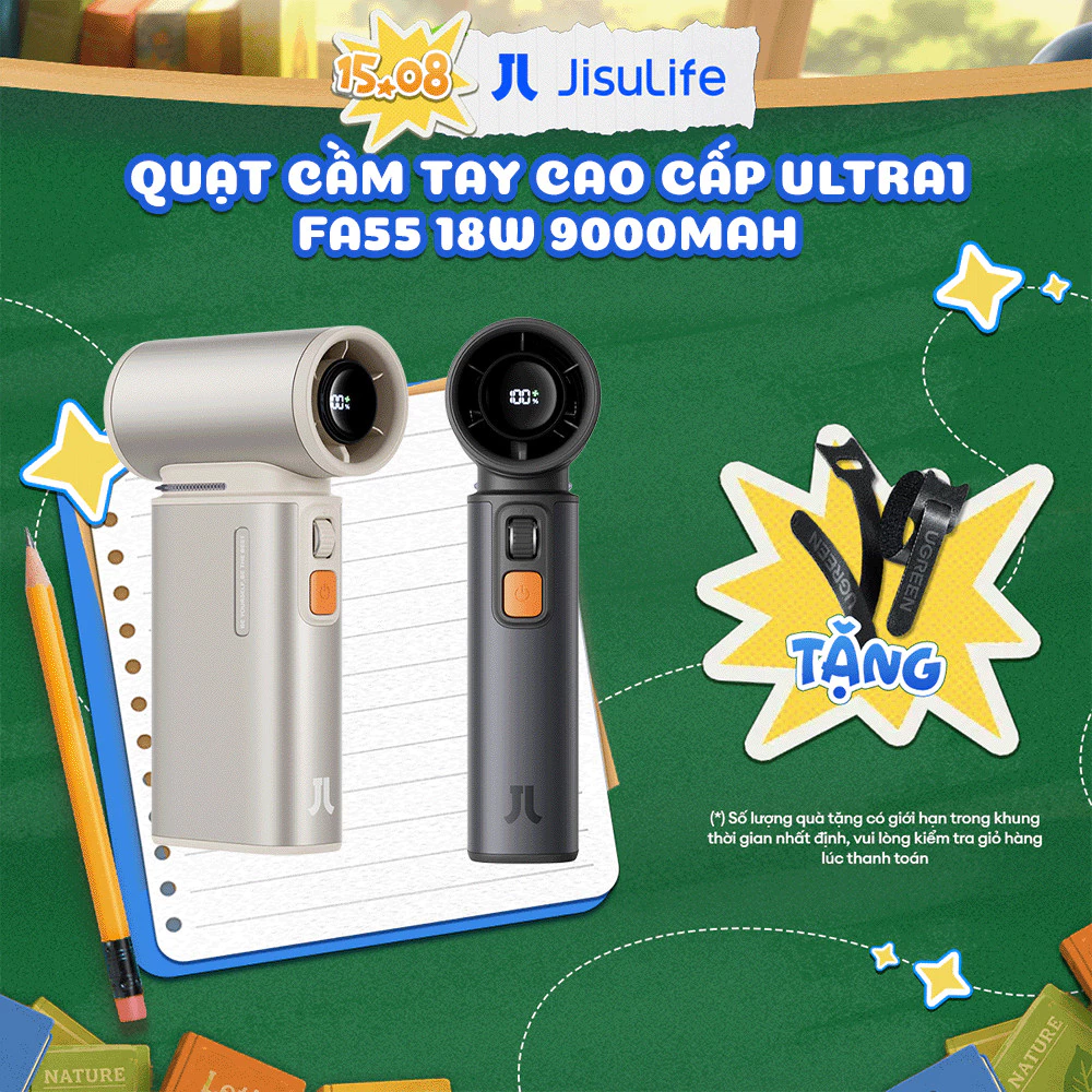 Quạt Cầm Tay Cao Cấp JISULIFE Ultra1 FA55 18W 9000mAh Sạc Nhanh - Đèn LED Hiển Thị - Sử Dụng 1H-6H | Bảo Hành Chính Hãng