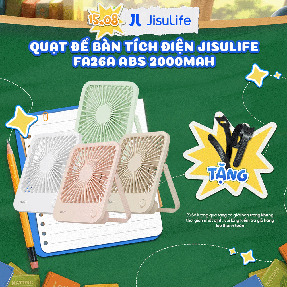 Quạt Để Bàn Tích Điện JISULIFE FA26A ABS Xoay 120 Độ - Pin 2000mAh Sử Dụng Lên Đến 6H Chính Hãng - Bảo Hành 12 Tháng