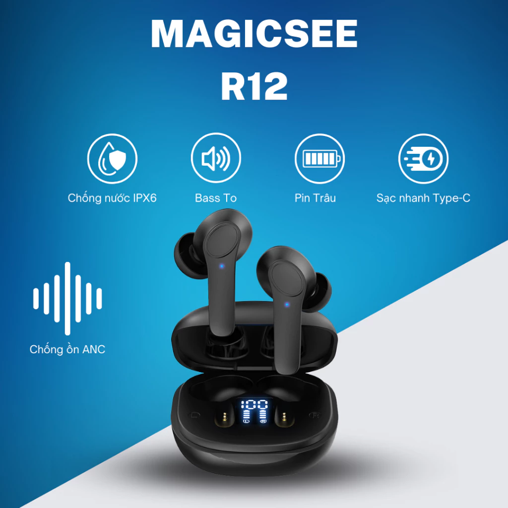 Tai nghe bluetooth không dây TWS Magicsee R12 - Bass To - Chống ồn ANC - Pin Trâu - Sạc Type-C