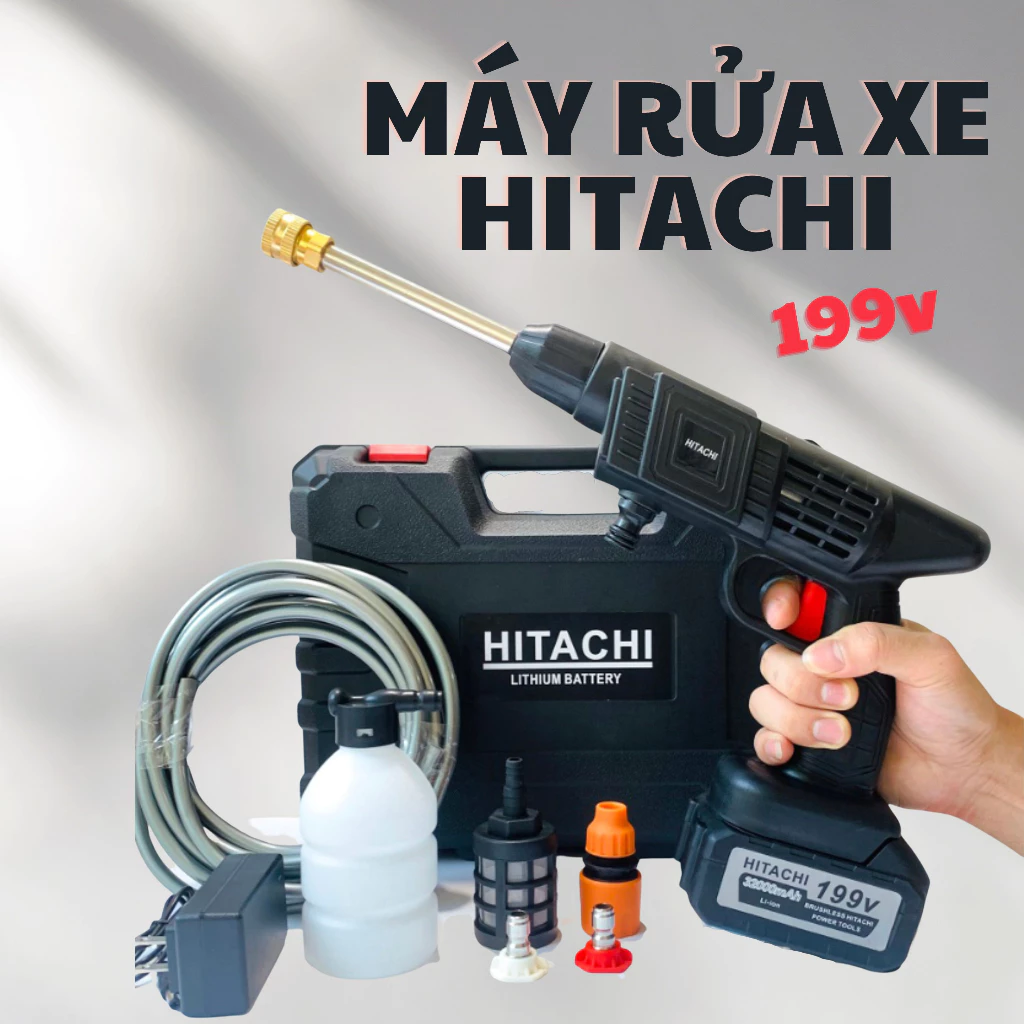 Máy Rửa Xe Dùng Pin 199V (2 Pin 10 Cell) - Xịt Rửa Đa Năng 220Bar