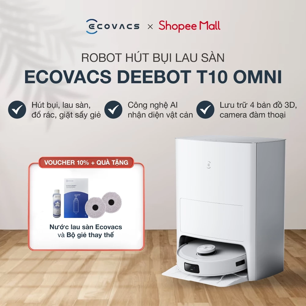 Ecovacs T10 OMNI Robot Hút Bụi Lau Nhà | Lực hút 5000Pa| Tặng phụ kiện + nước lau sàn