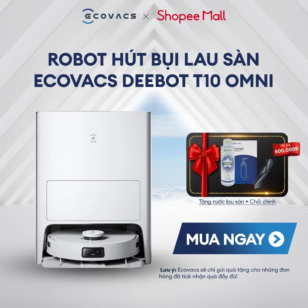 Ecovacs T10 OMNI Robot Hút Bụi Lau Sàn | Lực hút 5000Pa | Tự giặt giẻ đổ rác | Tặng phụ kiện