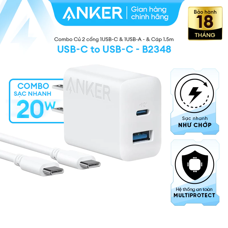 Combo Củ sạc nhanh Anker | 2 cổng 1USB-C & 1USB-A | Kèm Cáp sạc USB-C to USB-C- B2348