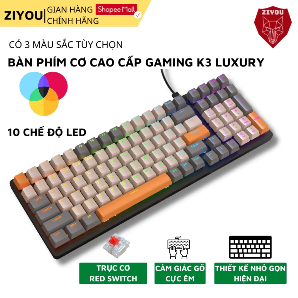 Bàn Phím CƠ ZIYOU K3 Luxury Cao Cấp, Phím Gõ Êm Sử Dụng Trục Cơ Red Switch, Led 16.5 Triệu Màu