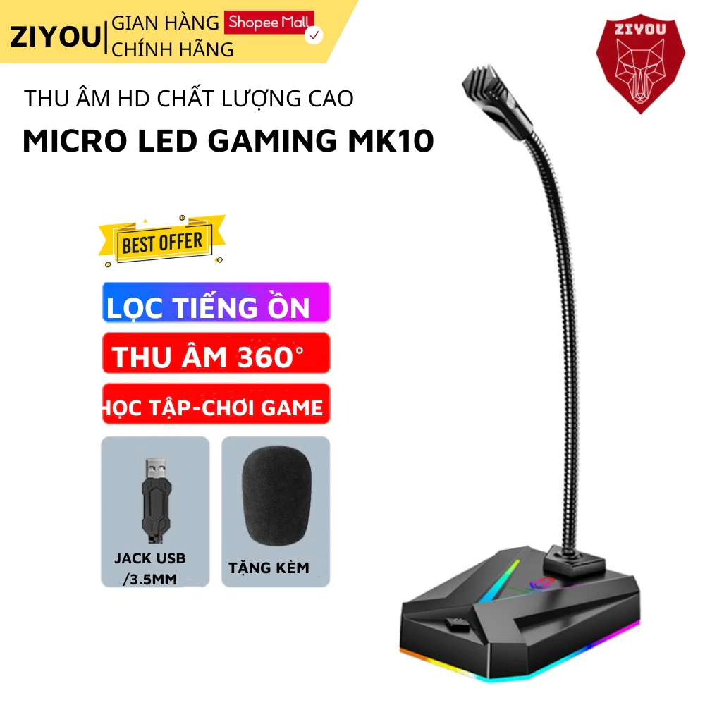 Micro Máy Tính, Laptop MK10 LED RGB Thu Âm Chống Nhiễu Kết Nối Jack USB Hoặc 3.5mm Dùng Live Stream
