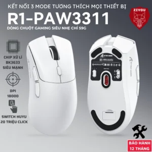 Chuột Không Dây Ziyou Attack Shark R1 Siêu Nhẹ Chip Paw3311 Cực Mạnh, 3 Chế Độ Kết Nối, App Gaming