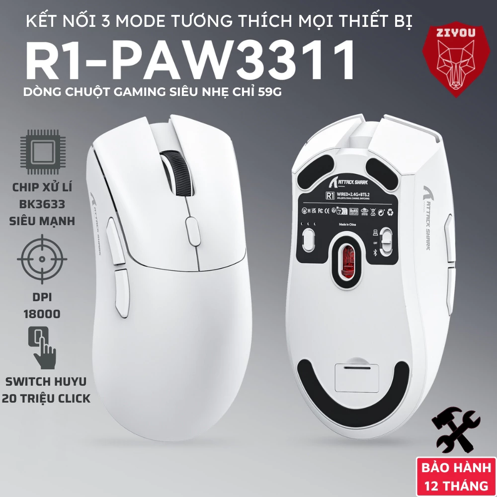 Chuột Không Dây Ziyou Attack Shark R1 Siêu Nhẹ Chip Paw3311 Cực Mạnh, 3 Chế Độ Kết Nối, App Gaming
