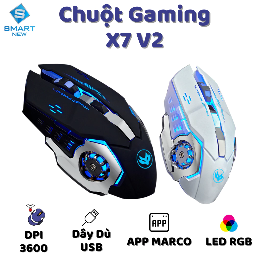 Chuột gaming X7 V2 Bản kim Loại - LED RGB - Có app Marco - DPI 3200 - phiên bản dây Dù cao cấp Chuyên game