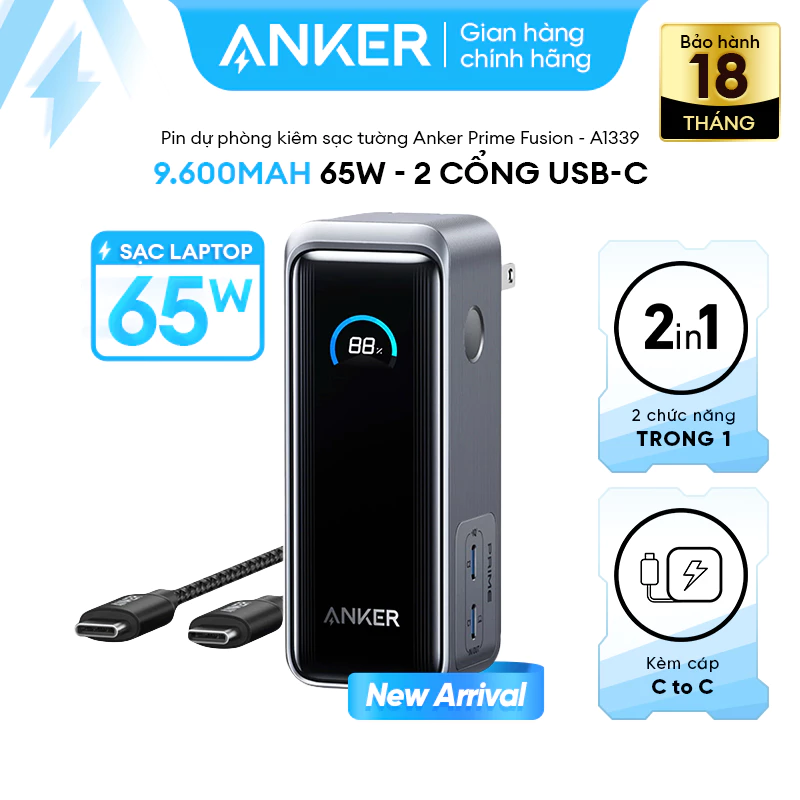 Sạc dự phòng Anker kiêm củ sạc 2in1 Prime Fusion 9600mAh 65W | 2 cổng USB-C | Màn hình | Sạc nhanh - A1339