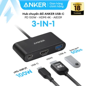 Hub chuyển đổi ANKER USB-C 3-in-1- Hỗ trợ PD 100W, HDMI 4K - A8339