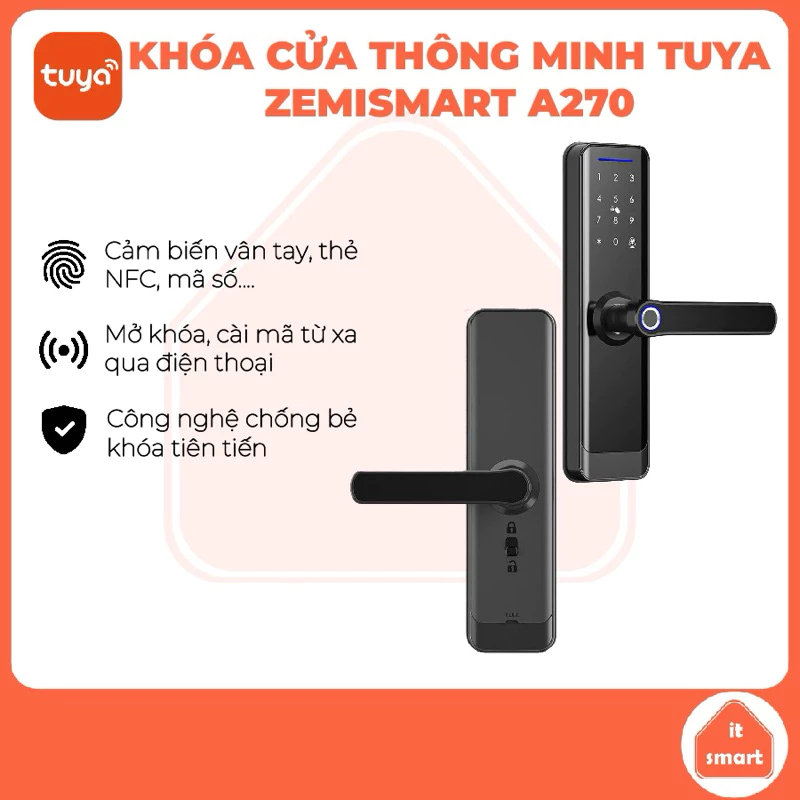 Khoá vân tay thông minh Tuya Zemismart A270 kết nối điện thoại, mở khoá từ xa
