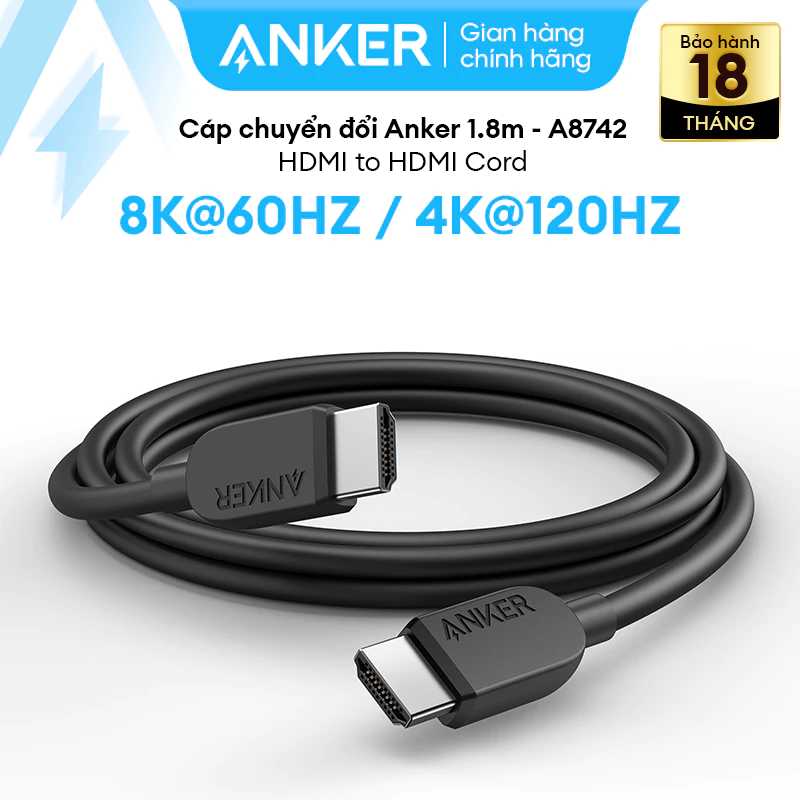 Cáp chuyển đổi Anker HDMI to HDMI Cord | Dài 1.8m | HDMI 2.1 48 Gbps | Hỗ trợ 8K@60Hz - A8742