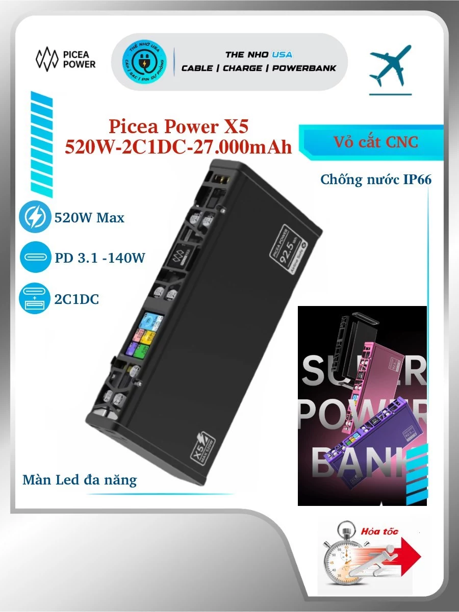 Picea Power X5 520W: Sạc Dự Phòng 27000mAh PD 3.1 Khủng Nhất Thế Giới