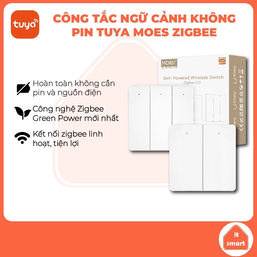 Công tắc ngữ cảnh không pin Tuya Moes zigbee độ bền cao, nút cơ phản hồi tốt