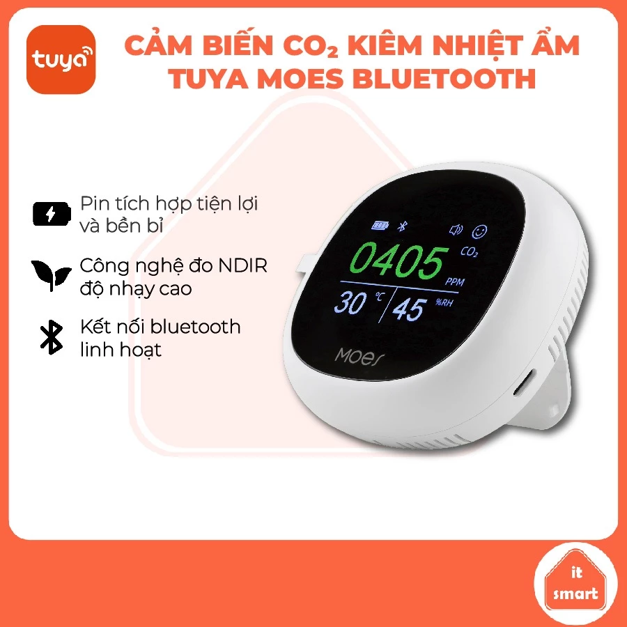 Cảm biến CO2 thông minh Tuya Moes bluetooth, cảm biến NDIR chính xác tức thời