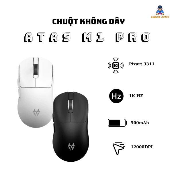 Chuột gaming không dây ATAS M1 PRO - 3 mode - PAW 3311 - Pin 500mAh - Có app - DPI 12000
