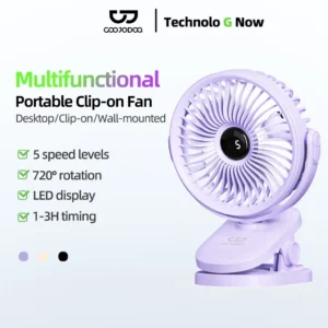 Quạt USB Goojodoq 3000MAh Bàn Xoay Mini Kẹp Di Động Màn Hình LED Di Động 5tốc độ