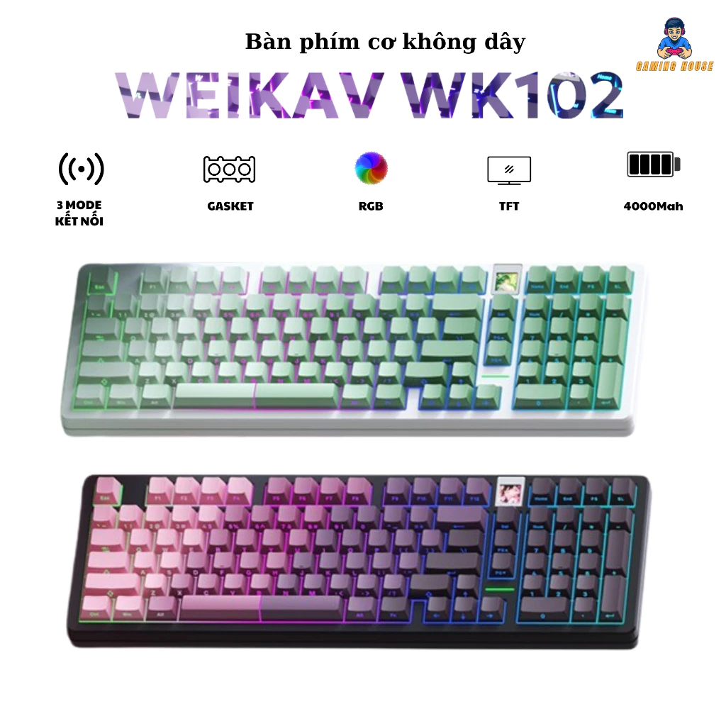 Bàn phím cơ không dây fullsize Weikav WK102 - 3 mode kết nối - Led RGB - Màn hình TFT