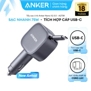 [SVIP] Tẩu sạc xe hơi Anker Nano 75W tích hợp 1 cáp USB-C (1C USB-C 30W) sạc 2 thiết bị hỗ trợ PPS, PD, QC 3.0 -A2738