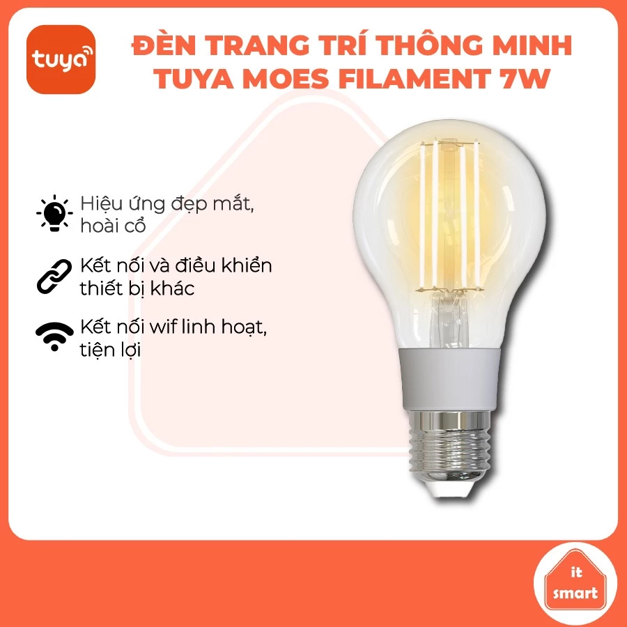 Đèn thông minh wifi trang trí giả cổ Filament Tuya Moes 7W, hiệu ứng đèn sợi đốt, điều chỉnh độ sáng