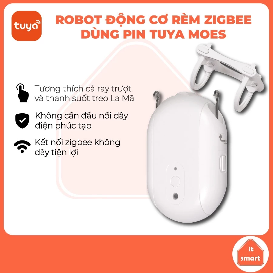 Động cơ rèm robot zigbee Tuya Moes dùng pin, không cần thay ray, lực kéo đều hỗ trợ nhiều loại rèm