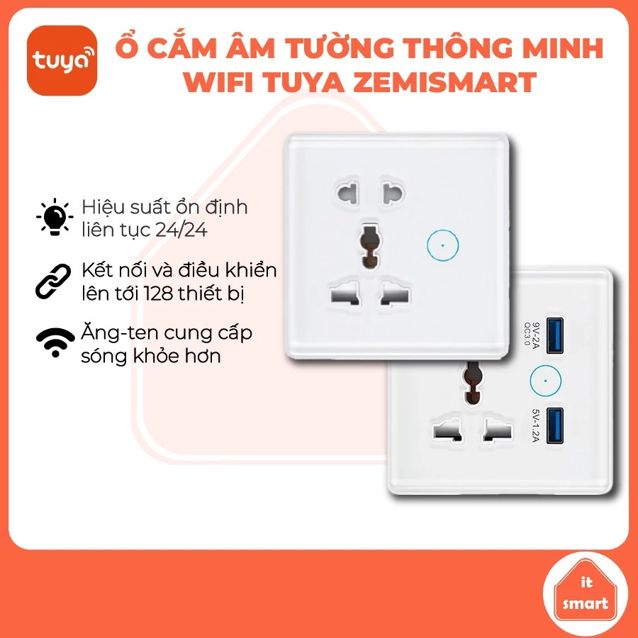 Ổ cắm điện thông minh wifi Tuya Zemismart tích hợp cổng sạc USB tiện lợi, mặt kính sang trọng