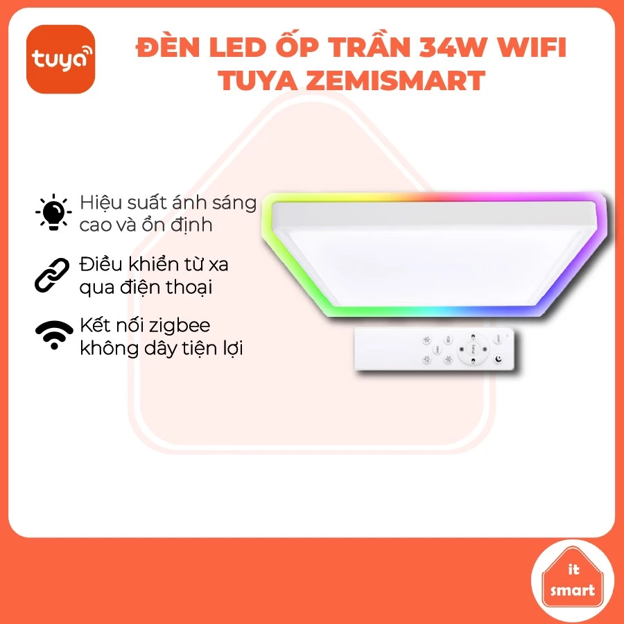 Đèn ốp trần thông minh wifi Tuya Zemismart 2 lớp đèn 34W, đèn nền 16 triệu màu RGB