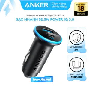 Tẩu sạc xe hơi Anker 52.5W | 2 cổng USB-C & USB-A | Sạc 2 thiết bị | Sạc nhanh PowerIQ 3.0, Active Shield - A2735