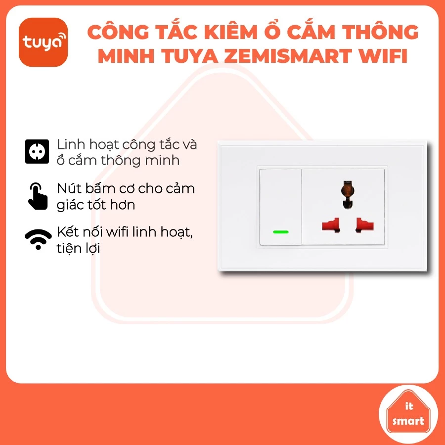 Ổ Cắm Công Tắc Tuya Zemismart Wifi Thông Minh - Mặt Tích Hợp Nút Cơ Cao Cấp