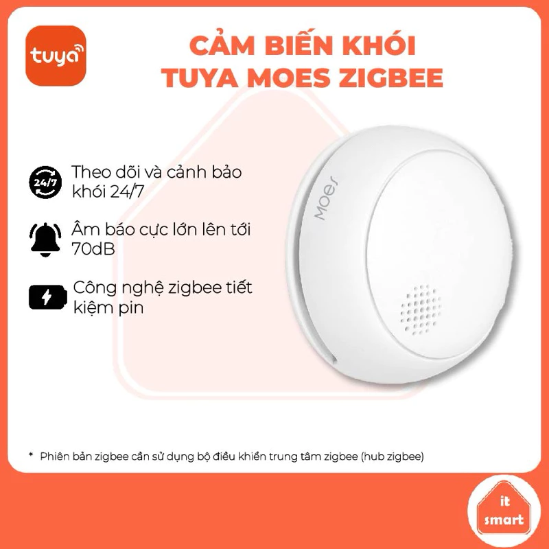 Cảm biến khói Tuya Moes zigbee bảo vệ an toàn cho gia đình, âm báo cực lớn, độ nhạy cao
