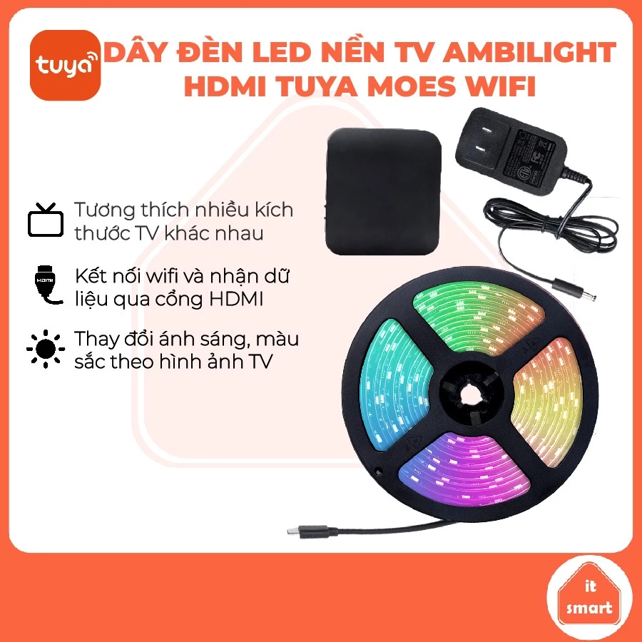 Dây đèn LED Ambilight Tuya Moes thay đổi màu sắc theo hình ảnh TV, âm nhạc, wifi qua điện thoại