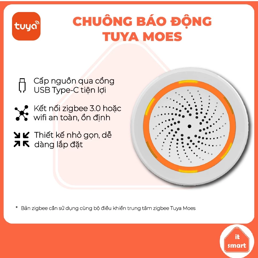 Chuông báo động Tuya Moes zigbee hoặc wifi bảo vệ gia đình linh hoạt, hiện đại, loa báo động Tuya