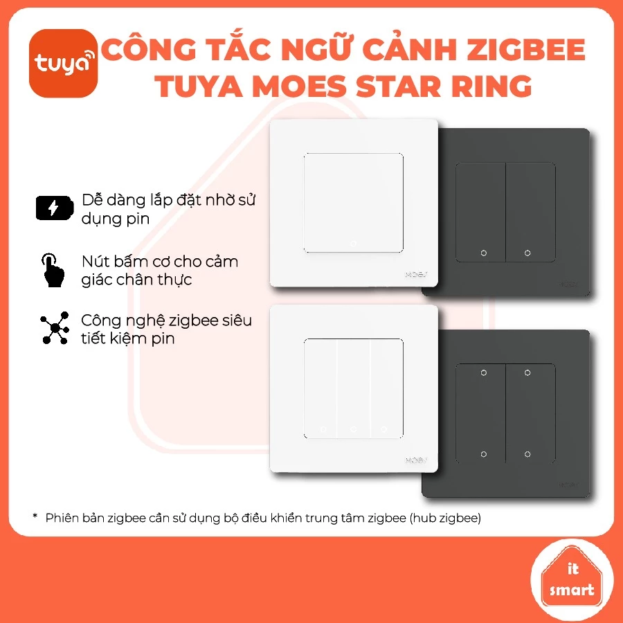 Công tắc ngữ cảnh Tuya Moes Star Ring zigbee 3.0, 1-4 nút, hỗ trợ công tắc đảo chiều, pin lâu