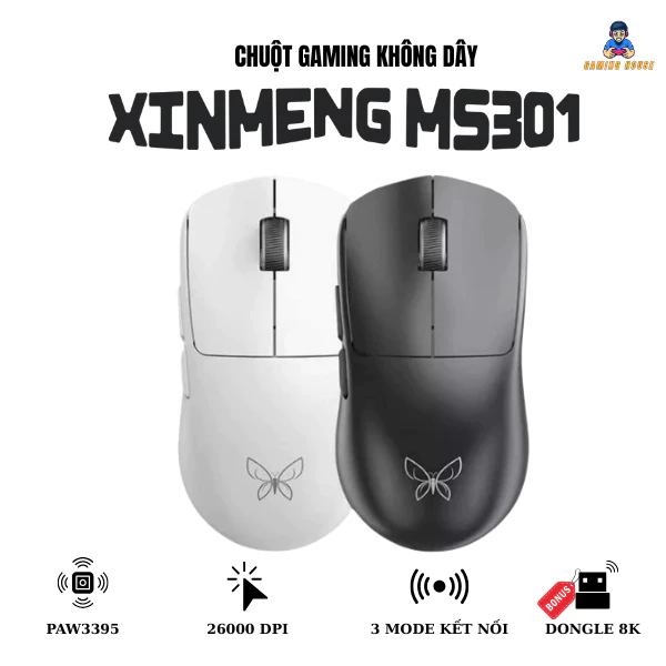 Chuột Gaming Bluetooth Không Dây Chip PAW3395 Xinmeng MS301 Siêu nhẹ DPI 26000 Có App marco