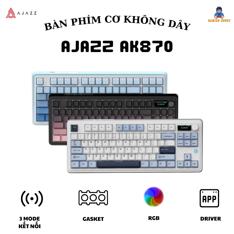 Bàn phím cơ không dây Ajazz Ak870 - 3 Mode kết nối - Led RGB - Gasket Mount - App marco - Pin sạc