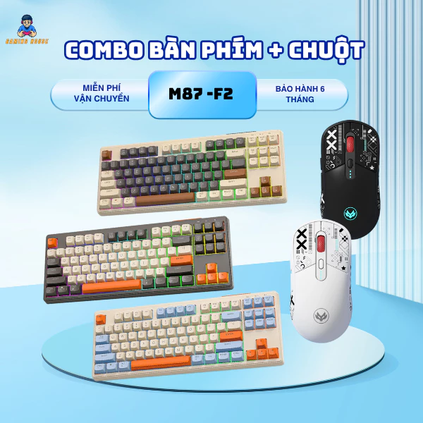 Hoả tốc Combo bàn phím không dây Bluetooth M87 và chuột F20 - Led Rainbow - Pin Sạc - Phím PBT