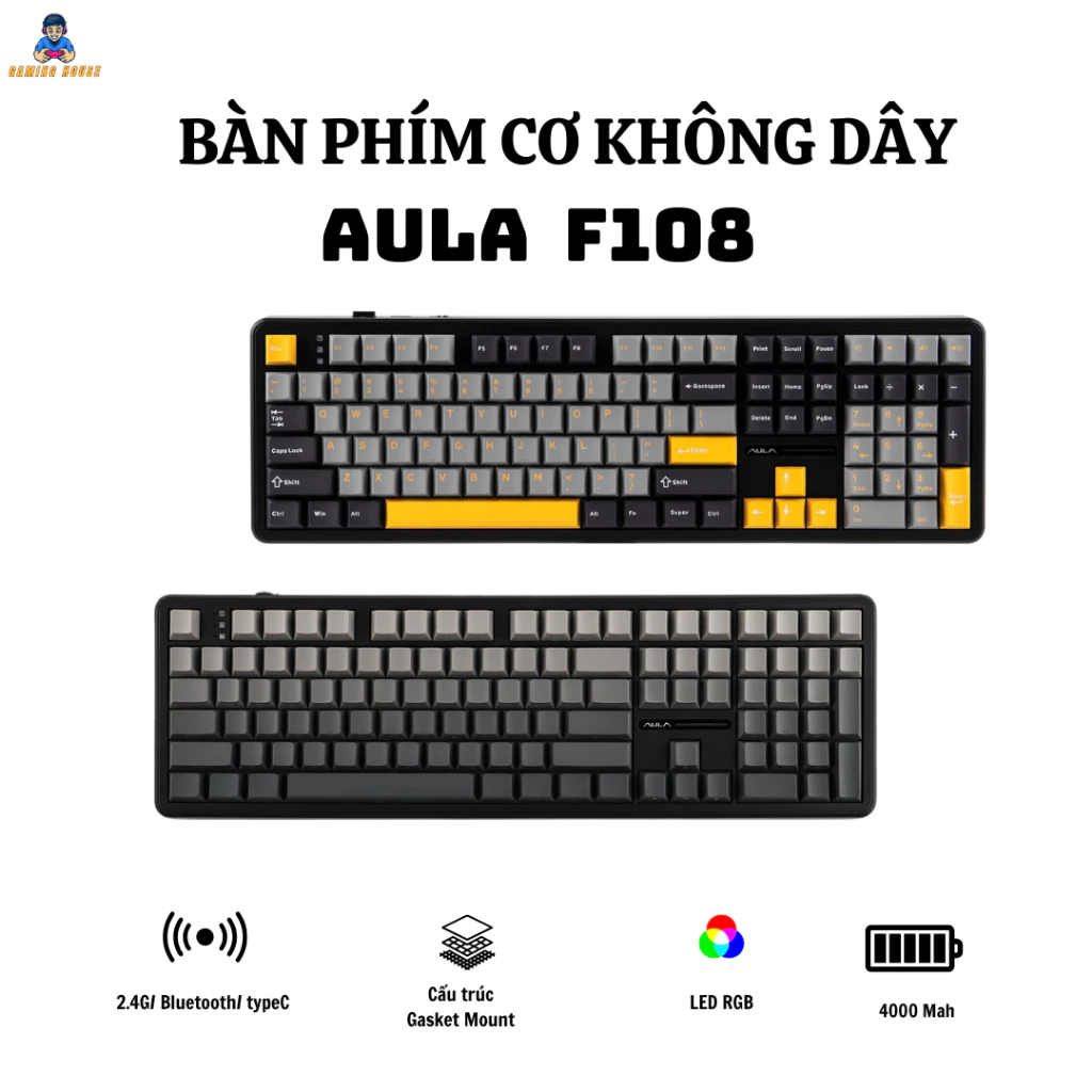 Bàn Phím Cơ Không Dây AULA F108 - 3 mode - Mạch Xuôi - Hỗ trợ hotswap 5 pin - LED RGB - Có App - Núm xoay