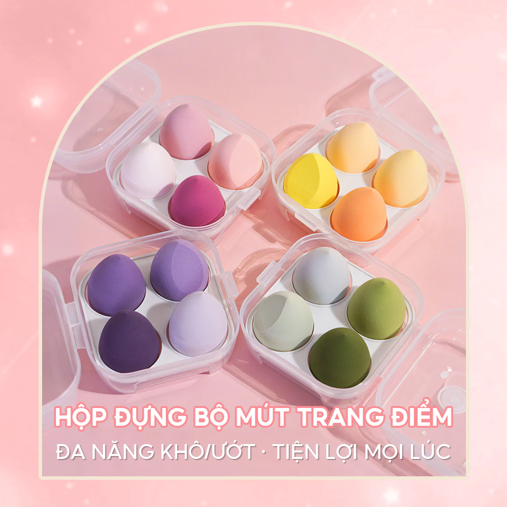 Hộp 4 mút trang điểm, đánh kem nền, phấn phủ sử dụng được dạng khô, ướt
