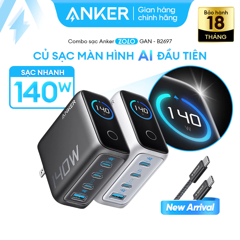Bộ sạc nhanh Anker ZoLo 140W 4 cổng | Sạc nhanh cho laptop | 3 USB-C & 1 USB-A sạc 4 thiết bị - B2697