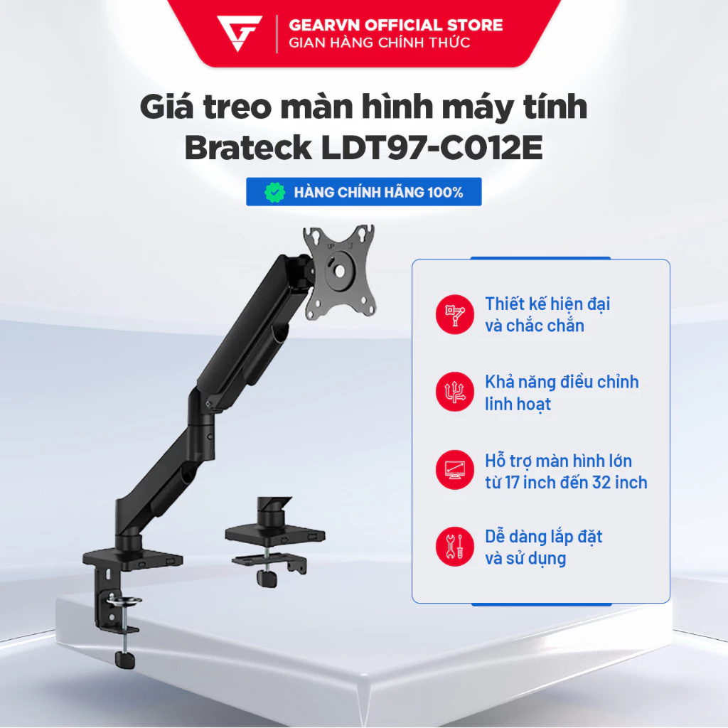 Giá Treo Màn Hình máy tính Ergonomic Brateck LDT97-C012E Xoay 360 17-29 Inch BH 36 tháng
