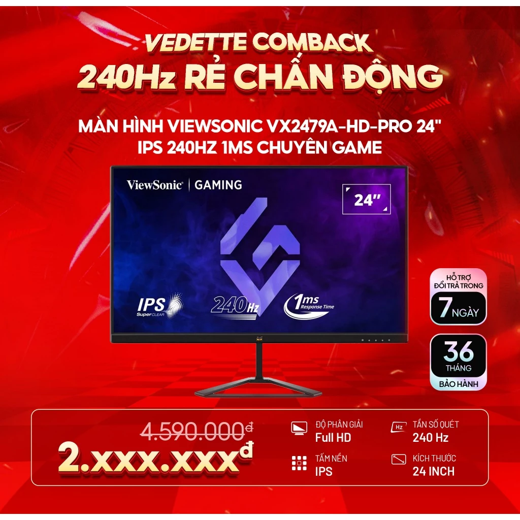 Màn hình Gaming ViewSonic VX2479A-HD-PRO 24 inch IPS 240Hz 1ms chuyên game BH 36 tháng