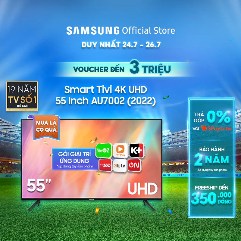 Smart Tivi Samsung 4K UHD 55 Inch UA55AU7002KXXV:Chính Hãng