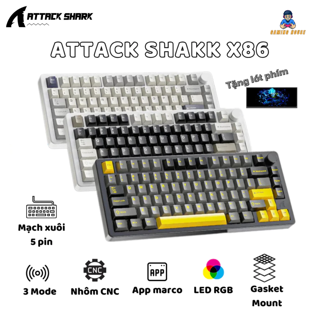 Bàn phím cơ nhôm CNC Attack Shark X86 - 3 mode kết nối- Led RGB- Hotsawp 5pin - Có núm