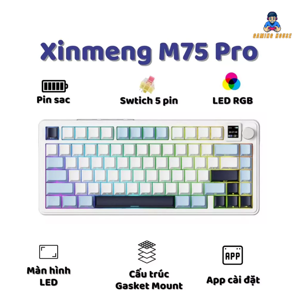 Bàn phím cơ không dây Xinmeng M75 Pro - Led RGb - Gasket Mount - Có hot-swap - Mạch 5 pin - Màn LED - App Marco