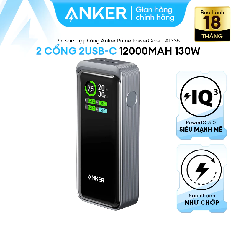 SDP Anker Prime 12000mAh 130W | 2 cổng USB-C sạc 2 thiết bị | Màn hình hiển thị thông minh - A1335