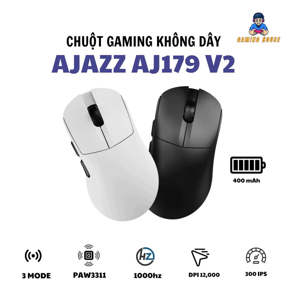 AJAZZ Chuột Gaming Không Dây AJ179 V2 MAX - 3 Mode Kết Nối - PAW3311 - 1000Hz - 12000 DPI - App tùy chỉnh