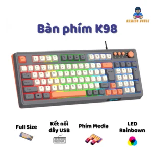 Bàn phím giả cơ Gaming RaiKu K98 full size - Led Rainbow siêu đẹp - Có núm xoay - Phím BPT - Gõ êm