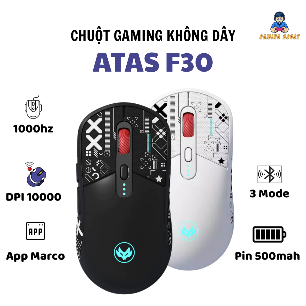 Chuột Silent Gaming Atas F30 Không dây Bluetooth - 3 MODE - Pin sạc 500mah - Sử dụng liên tục 50h - Có app Marco