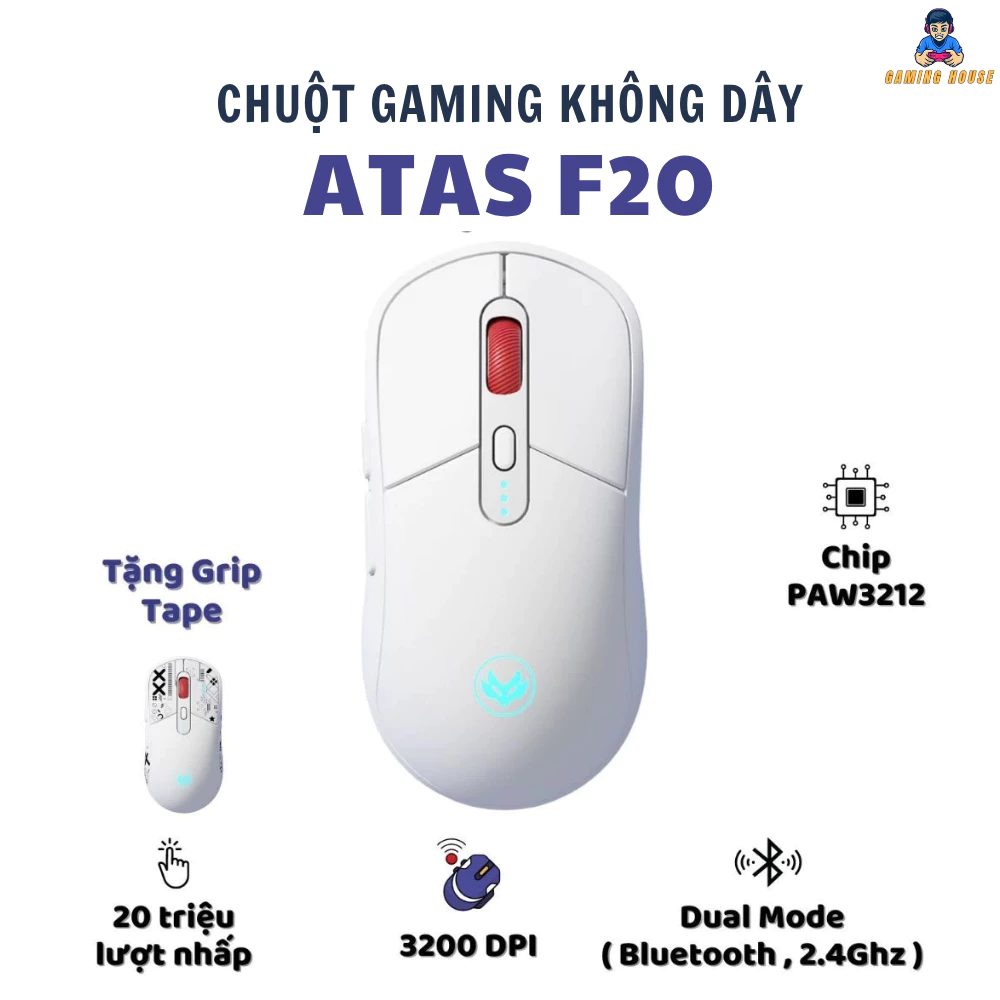 Chuột Máy Tính không dây Bluetooth siêu nhẹ F20 Siêu Chip PAW3212 , DPI 3200 Pin Liên tục 50h