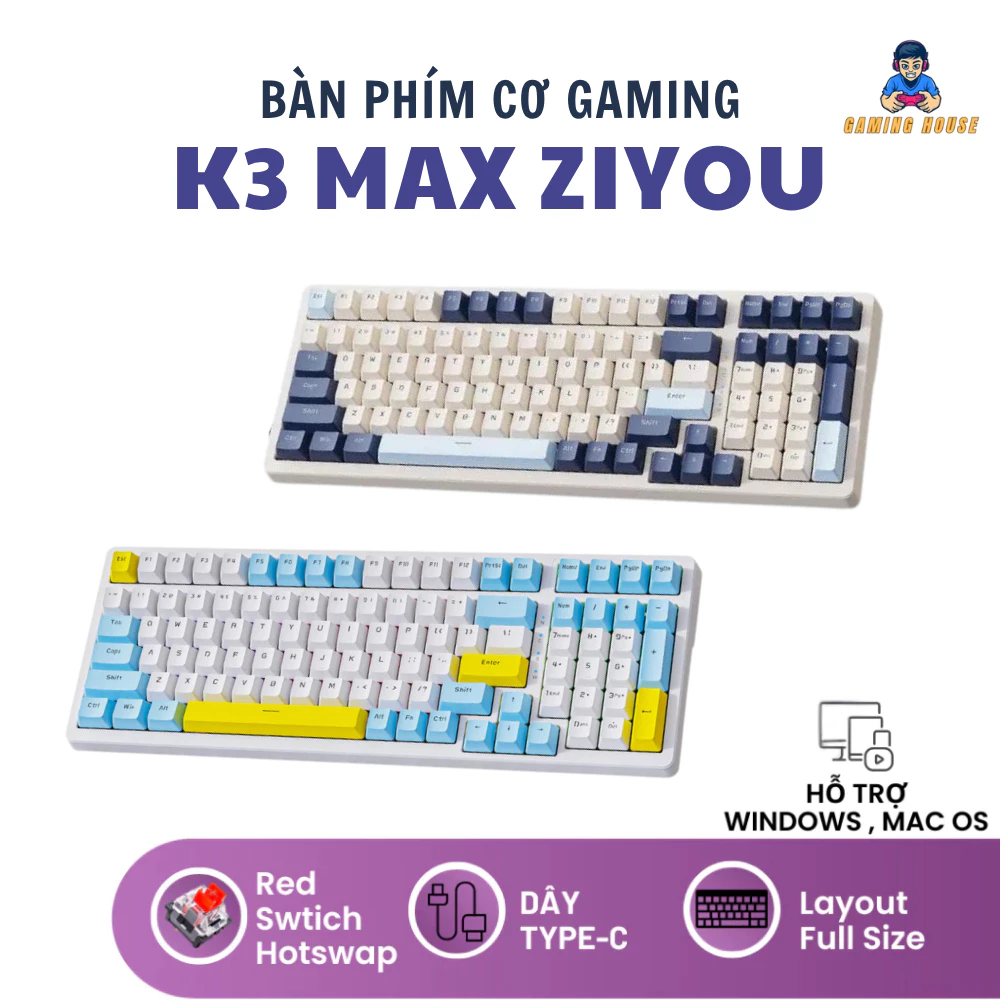 Bàn Phím Cơ Gaming K3 Max Led 20 Chế Độ Trục Cơ Red Switch Có Hotswap Lót Foam Cách Âm 2 Lớp